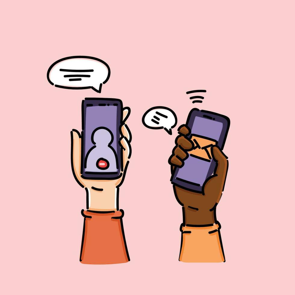 using smartphone and surfing on social media. Cartoon Vector Illustration. Hand holding smartphone vector illustration. People using phone