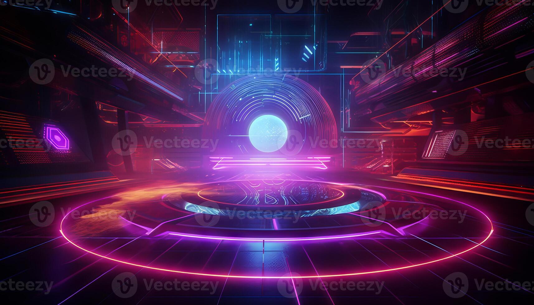 stage with neon glowing gradients and vibrant laser beams in purple, blue, and red colors. photo