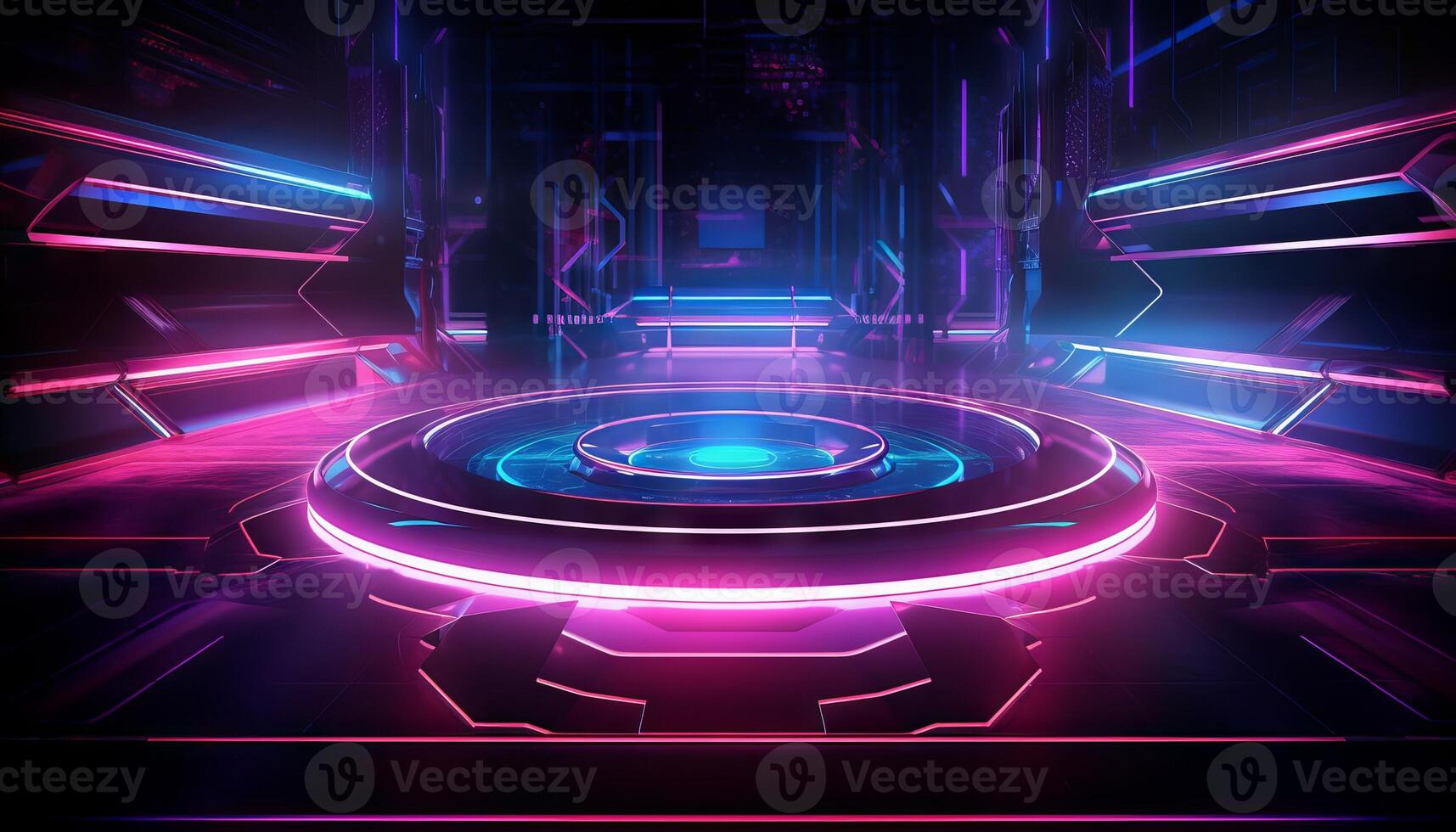 stage with neon glowing gradients and vibrant laser beams in purple, blue, and red colors. photo