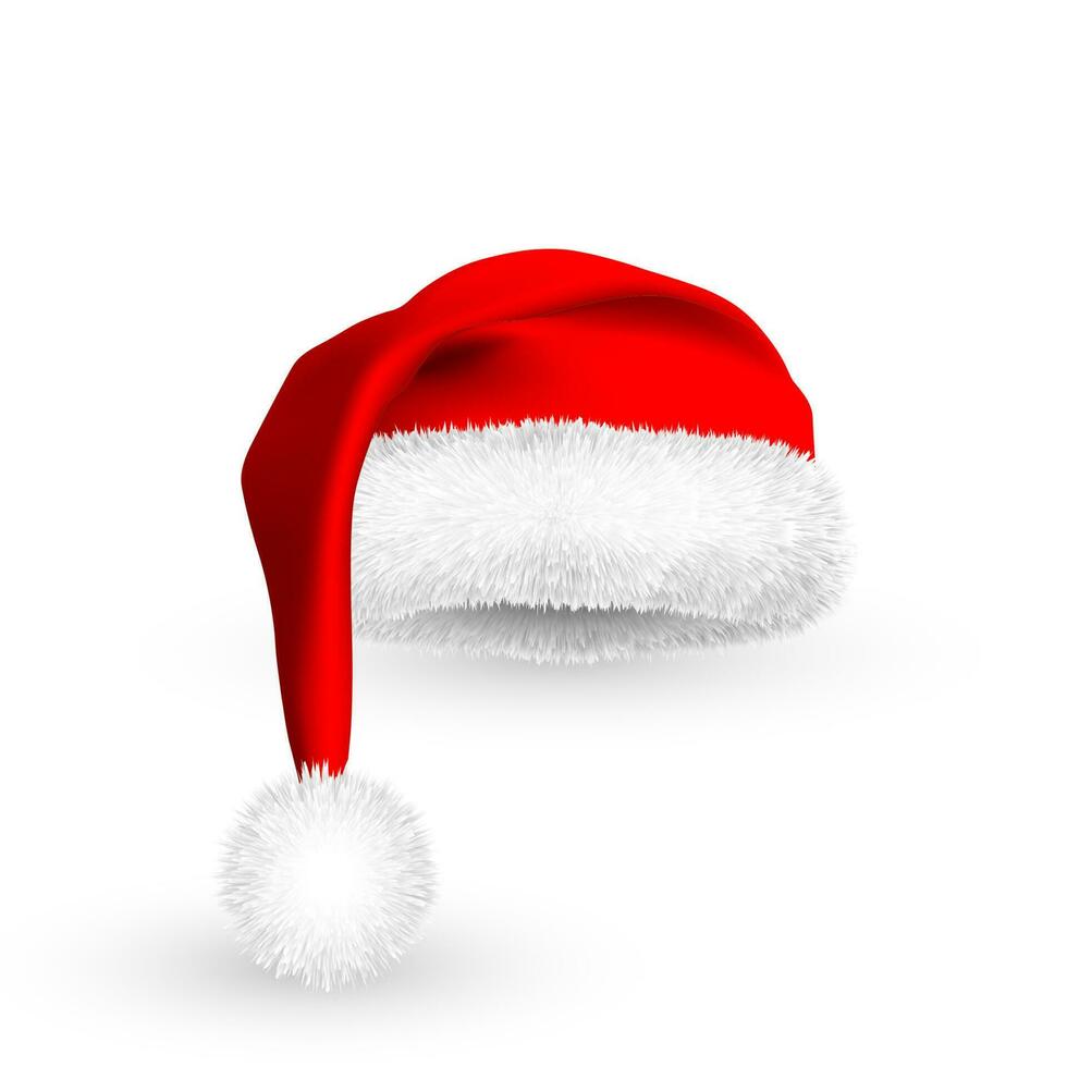 Realistic Red Santa Claus hat isolated on white background. Gradient mesh Santa Claus cap with fur. Vector illustration