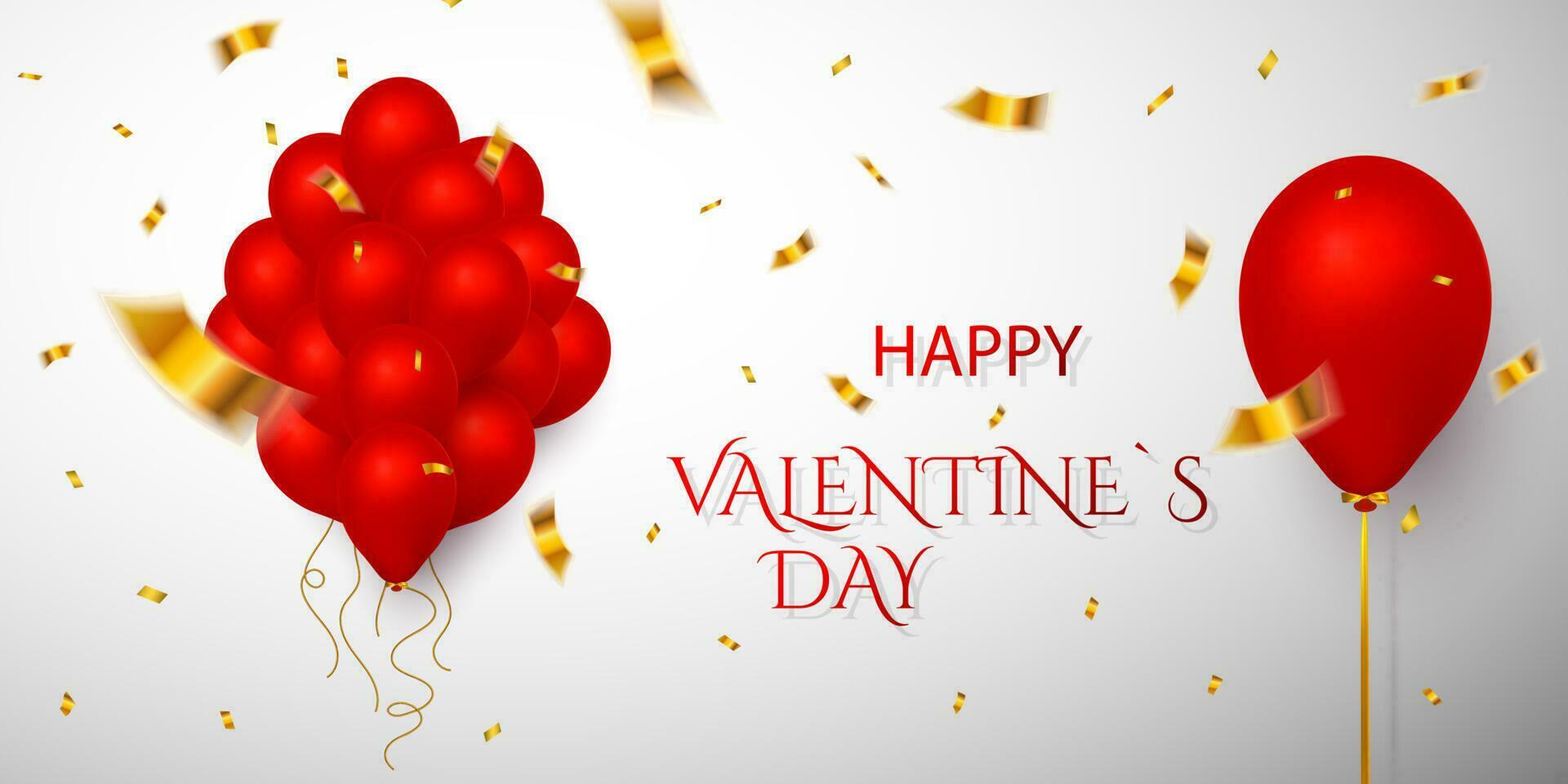 Happy Valentines Day. Red balloon on white background with shadow and confetti. Festival decoration. Vector illustration
