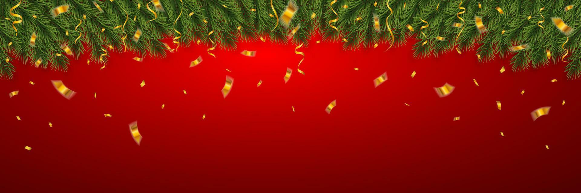 Festive Christmas or New Year Background. Christmas firtree branches with confetti. Holiday's Background. Vector illustration