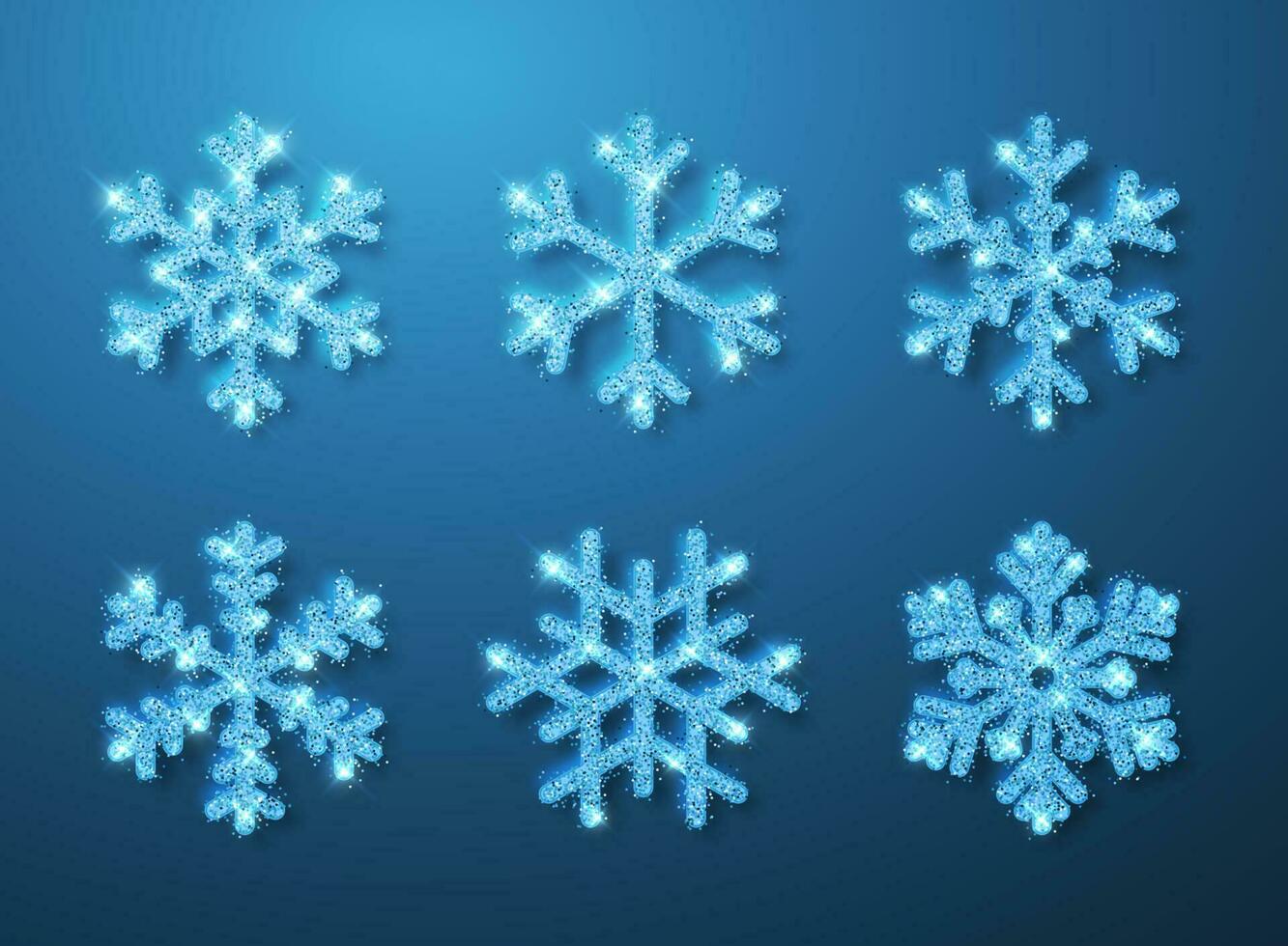 Shining blue glitter glowing snowflakes on blue background. Christmas and New Year decoration. Vector illustration