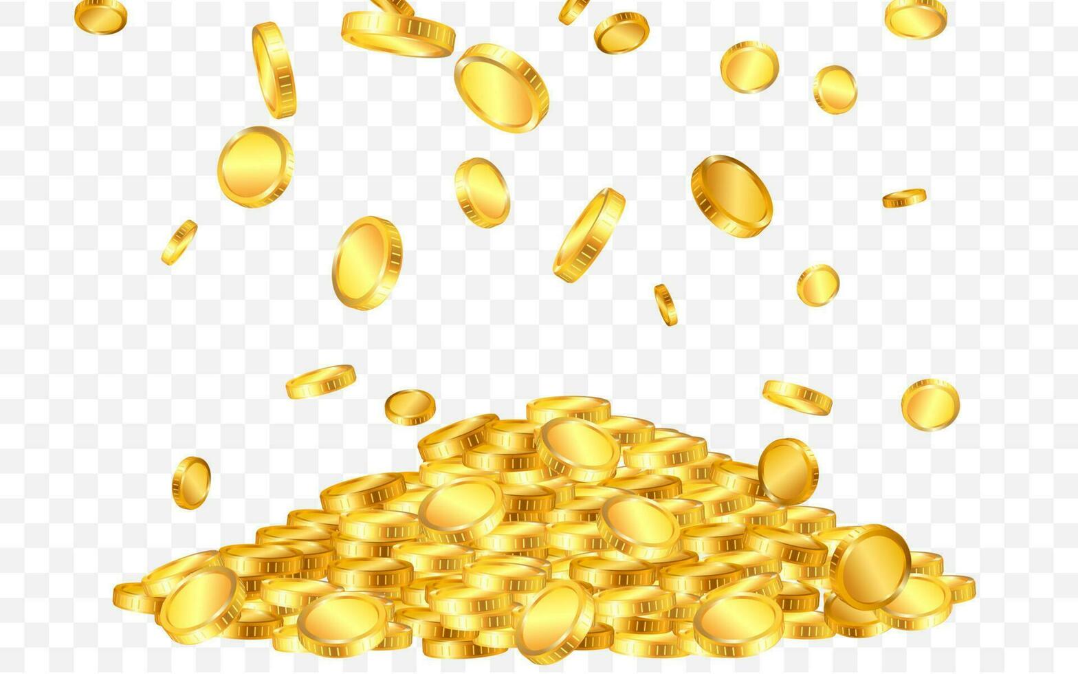 Falling from the top a lot of gold coins on transparent background. Vector illustration