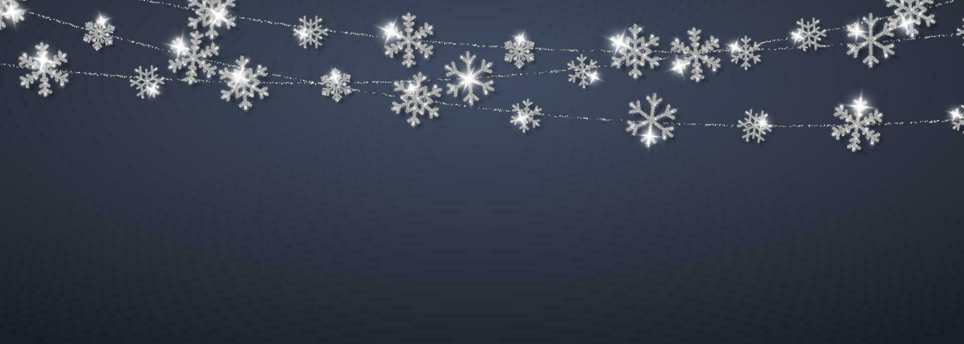 Christmas or New Year silver snowflake decoration garland on dark background. Hanging glitter snowflake. Vector illustration