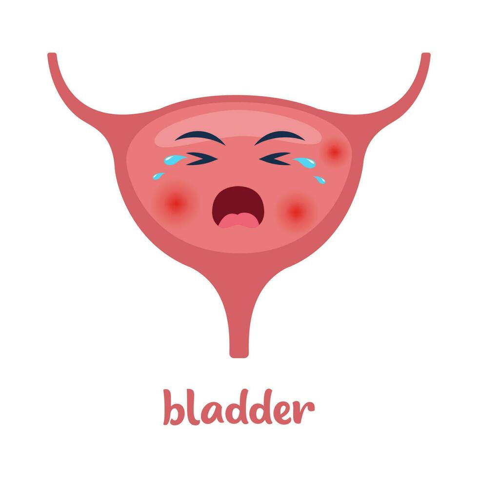 Sick bladder with pain ache or disease. Sad cartoon character bladder, body organ injured or unhealthy. Human cartoon anatomy, kids medicine. Vector illustration.