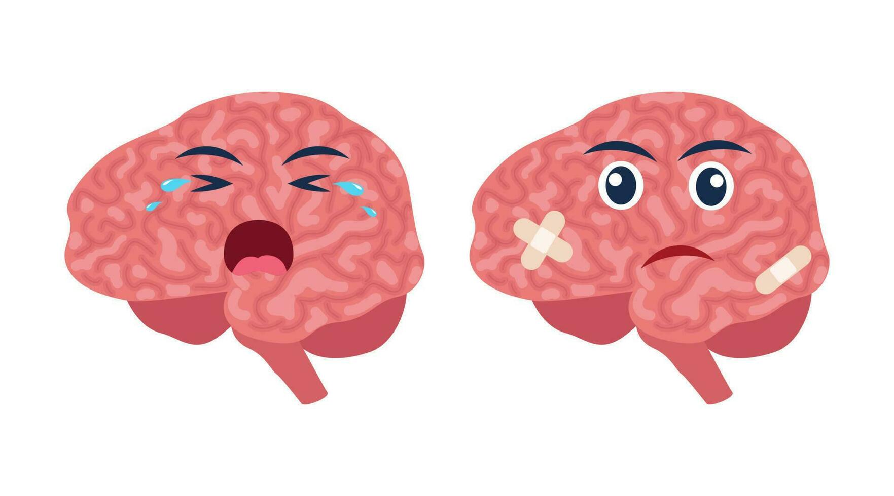 Sick brain with pain ache or disease. Sad cartoon character brain, body organ injured or unhealthy. Human cartoon anatomy, kids medicine. Vector illustration.