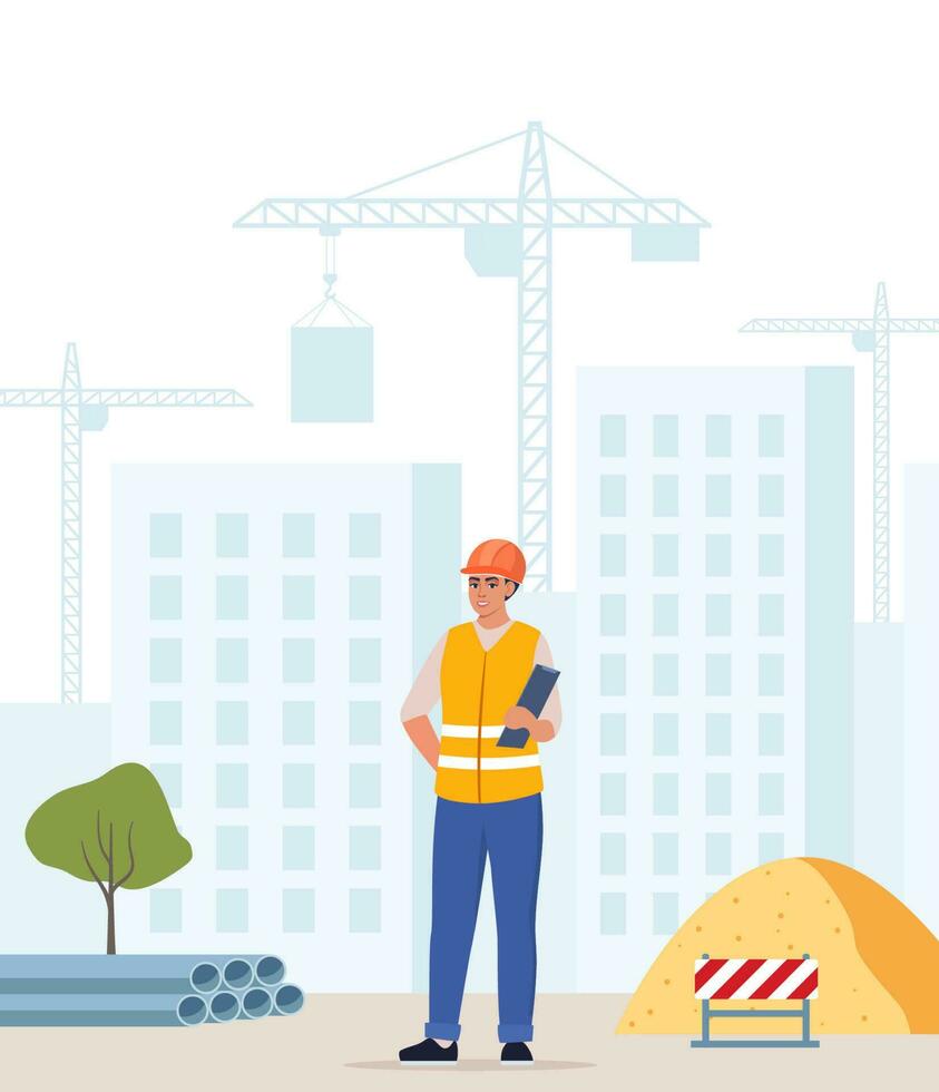 Construction worker, industrial technician builder over city construction site. Tower cranes building residential buildings. Woman engineer in uniform and orange protective helmet. Vector. vector