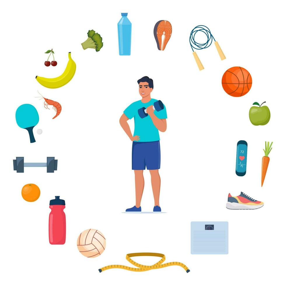 Man dressed in sports clothes does exercises with dumbbells. Icons of healthy food, vegetables and sports equipment for different sports around him. Healthy lifestyle concept. Vector illustration.