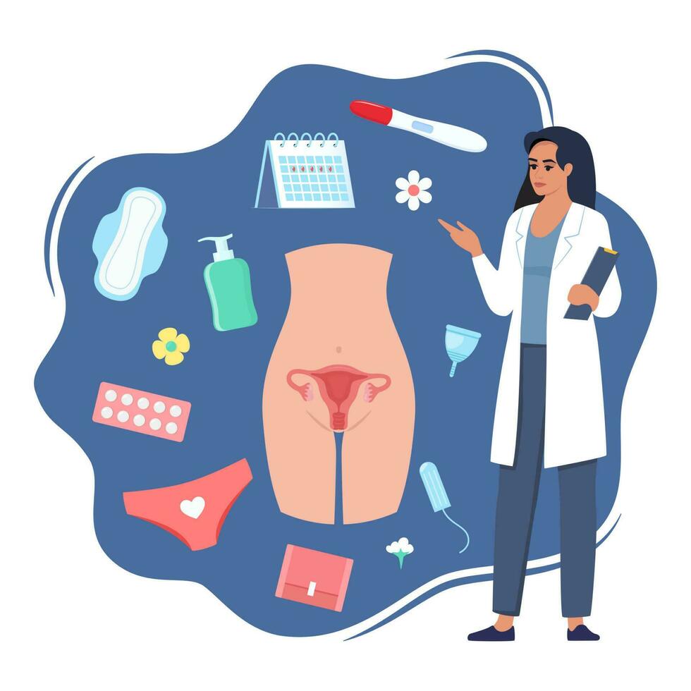 mujeres salud concepto. menstruación, período, hembra útero, reproductivo sistema. médico ginecólogo en pie con portapapeles, el embarazo prueba, tampón, calendario, almohadillas, menstrual taza, pantalones. vector. vector