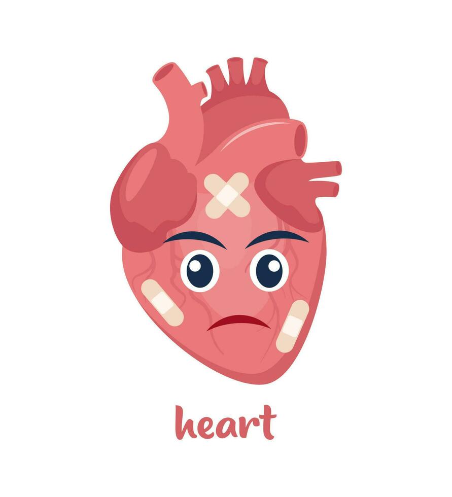 Sick heart with pain ache or disease. Sad cartoon character heart, body organ injured or unhealthy. Human cartoon anatomy, kids medicine. Vector illustration.