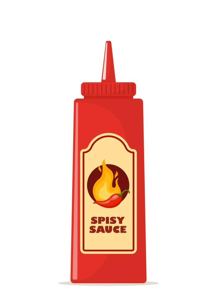 Spicy sauce in red bottle. Ketchup, hot tomato and chili sauce in bottle, red chili pepper and yellow fire on label. Vector illustration.