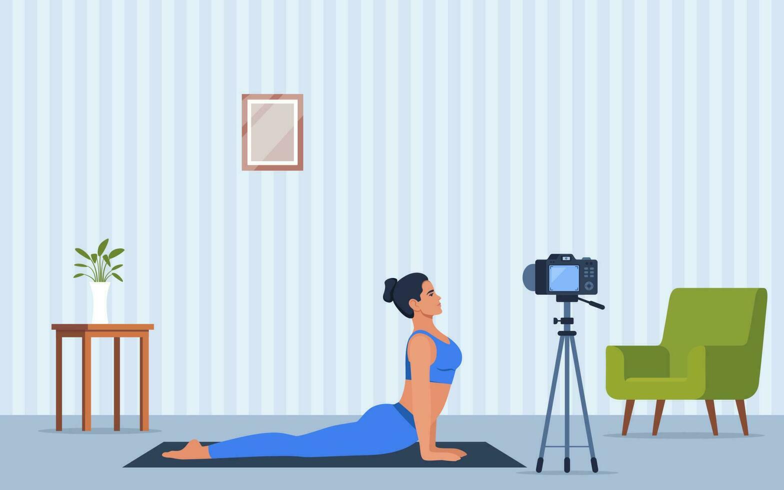 hembra personaje haciendo yoga ejercicios a hogar grabación vídeo con cámara en trípode. social red blogueando, sano estilo de vida concepto. deporte transmisión vector ilustración.