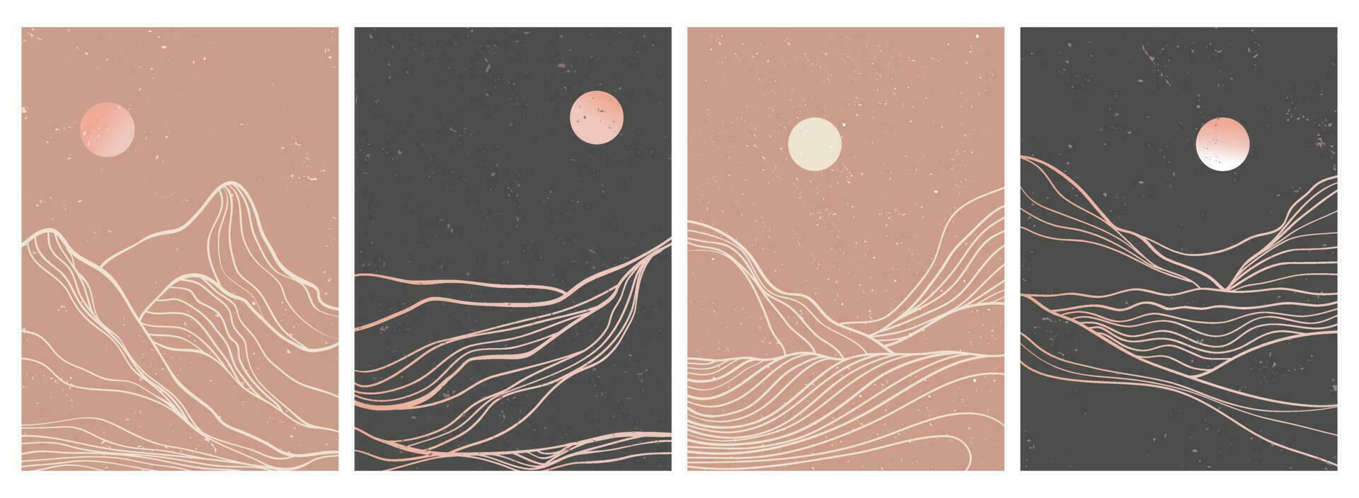 set of creative minimalist modern line art print. Abstract mountain contemporary aesthetic backgrounds landscapes. with mountain, sea, skyline, wave. vector illustrations