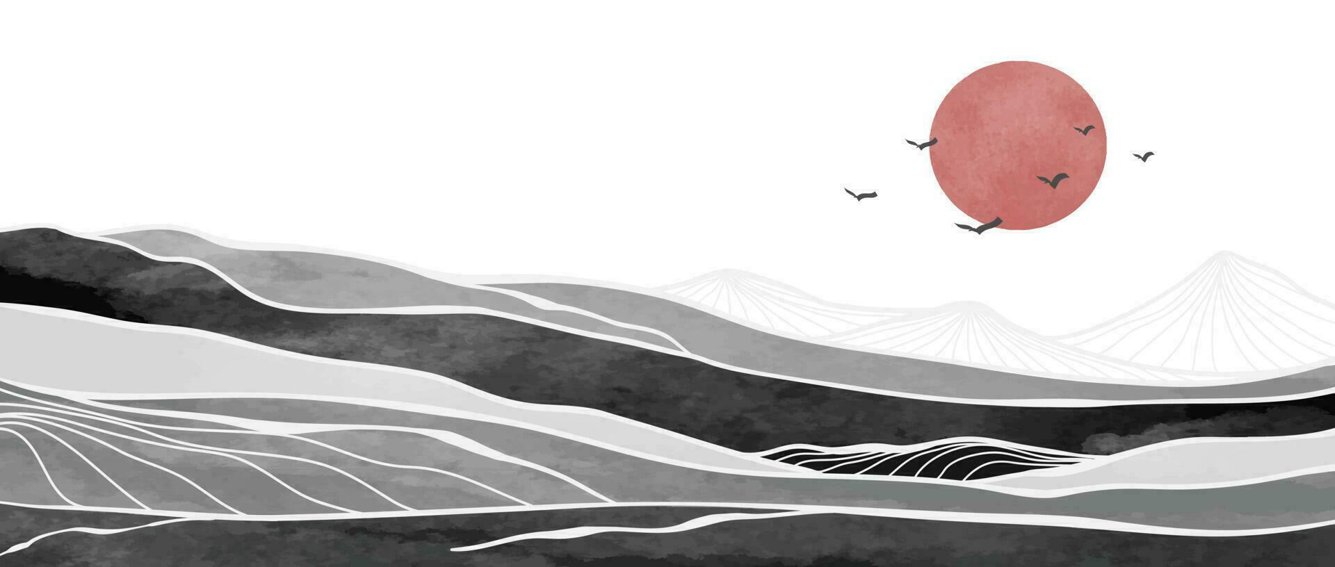 Ocean wave and Mountain landscape watercolor painting. Natural abstract landscape background. Mountains, beach, and sunset in black and white. vector illustration