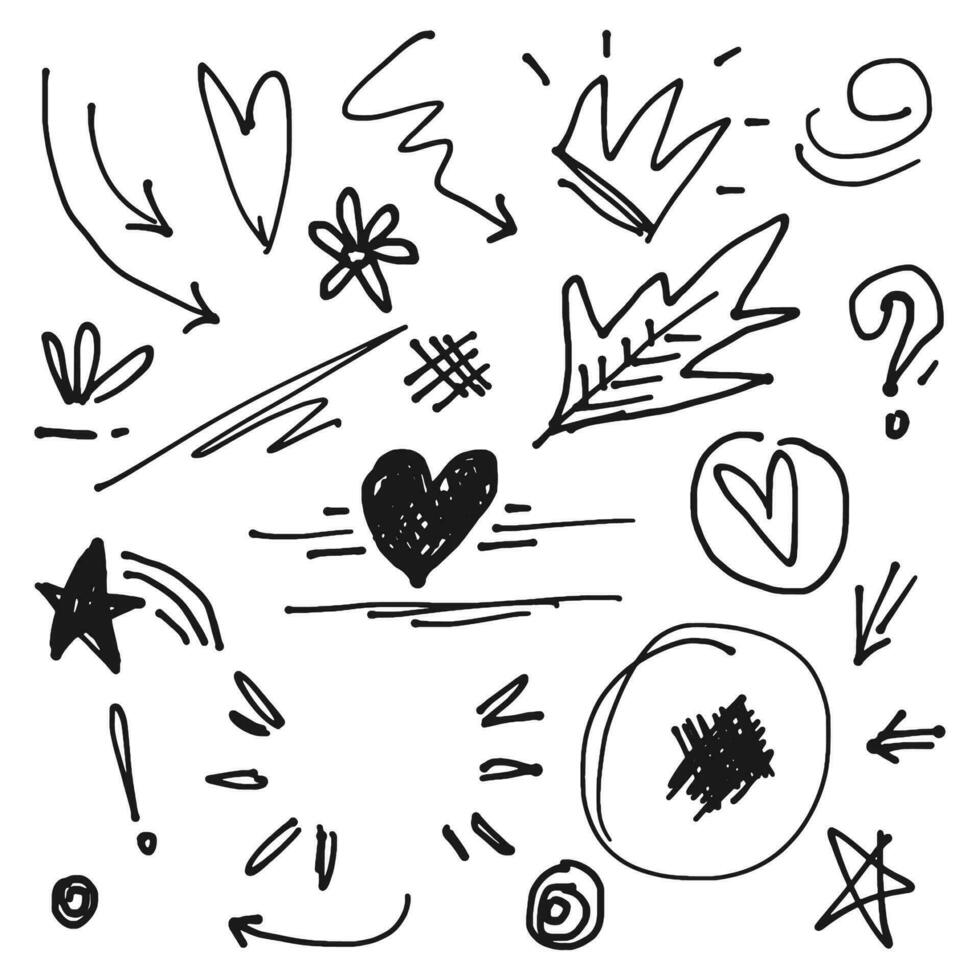 Hand drawn collection of Doodle vector design element. curly swishes, swoops, swirl, arrow, heart, leaf, crown, star, highlight text and emphasis element. use for concept design