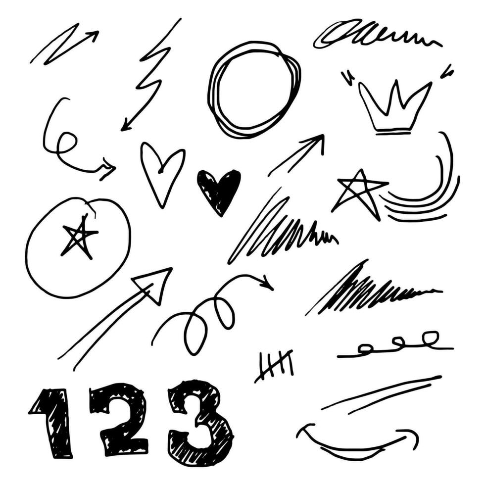 Doodle elements for concept design.  isolated on white background. Infographic elements. Brush stroke, curly swishes, swoops, swirl, arrow, heart, crown, star. vector illustration.