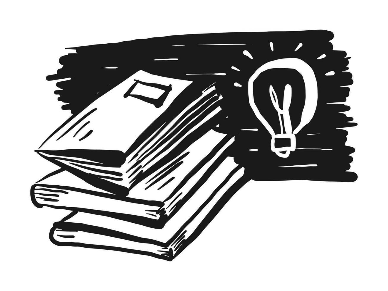 Doodle Pile of books and bulb idea. Hand drawn style. isolated on white background. vector illustration