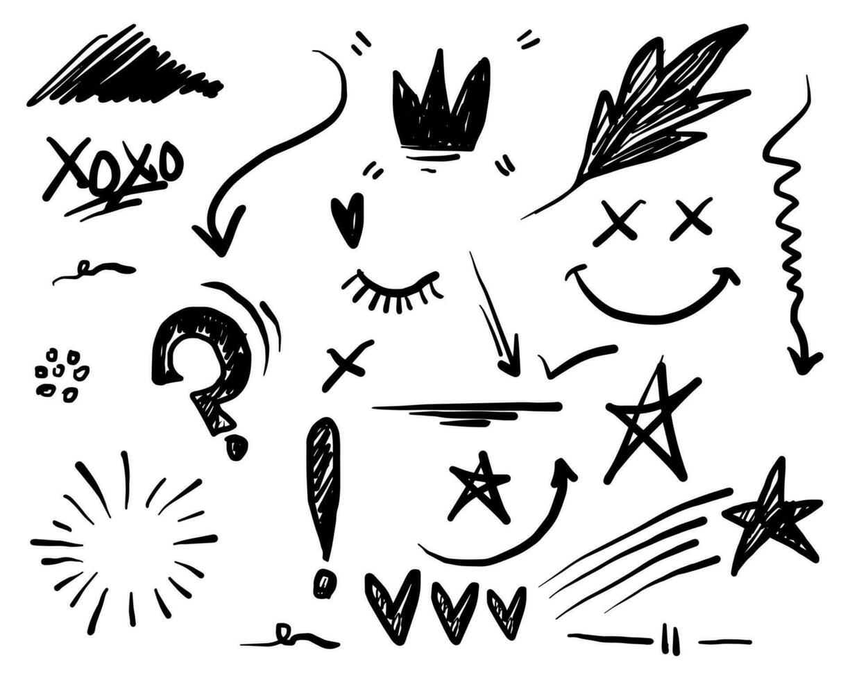 Hand drawn set doodle elements for concept design isolated on white background. Infographic elements. Brush stroke, curly swishes, swoops, swirl, arrow, heart, leaf, crown, star. vector illustration.