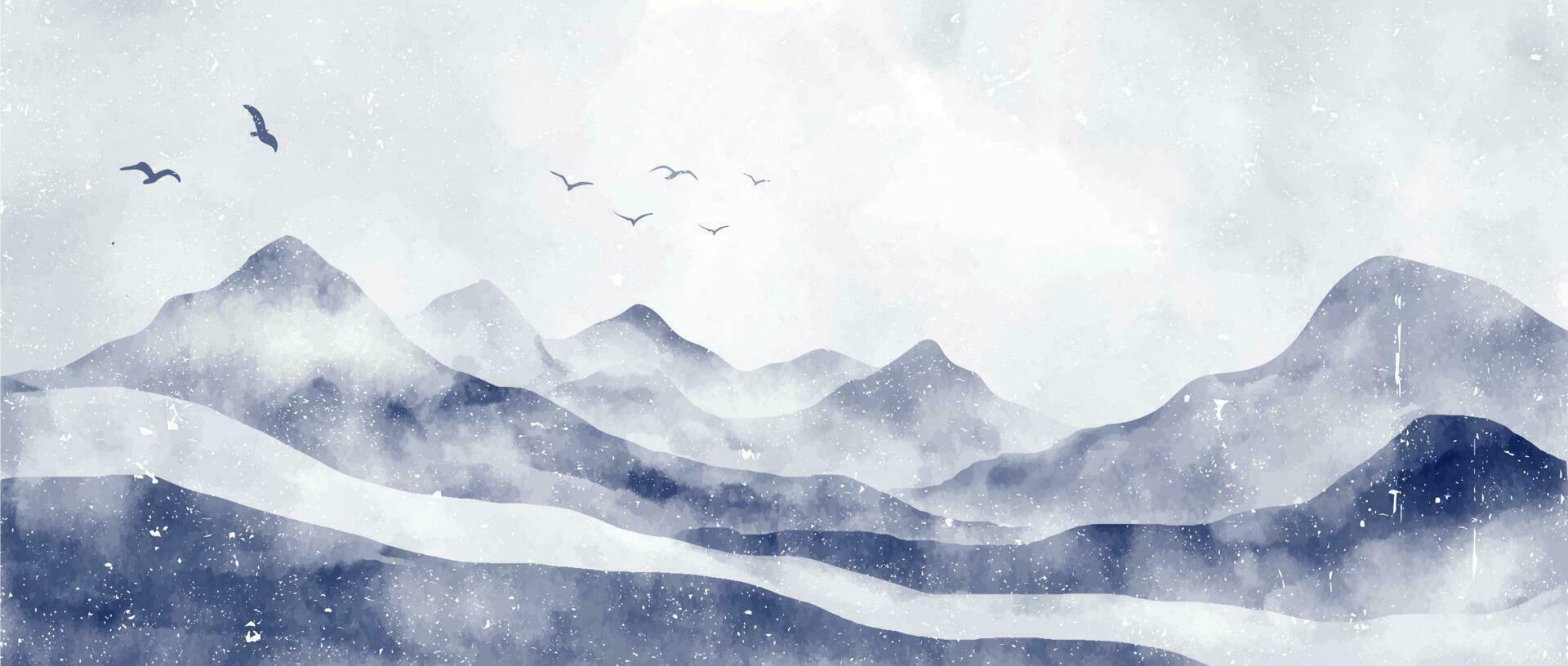 natural azul montaña paisaje. resumen contemporáneo estético antecedentes paisajes con montañas, colina y volador pájaro. vector ilustraciones
