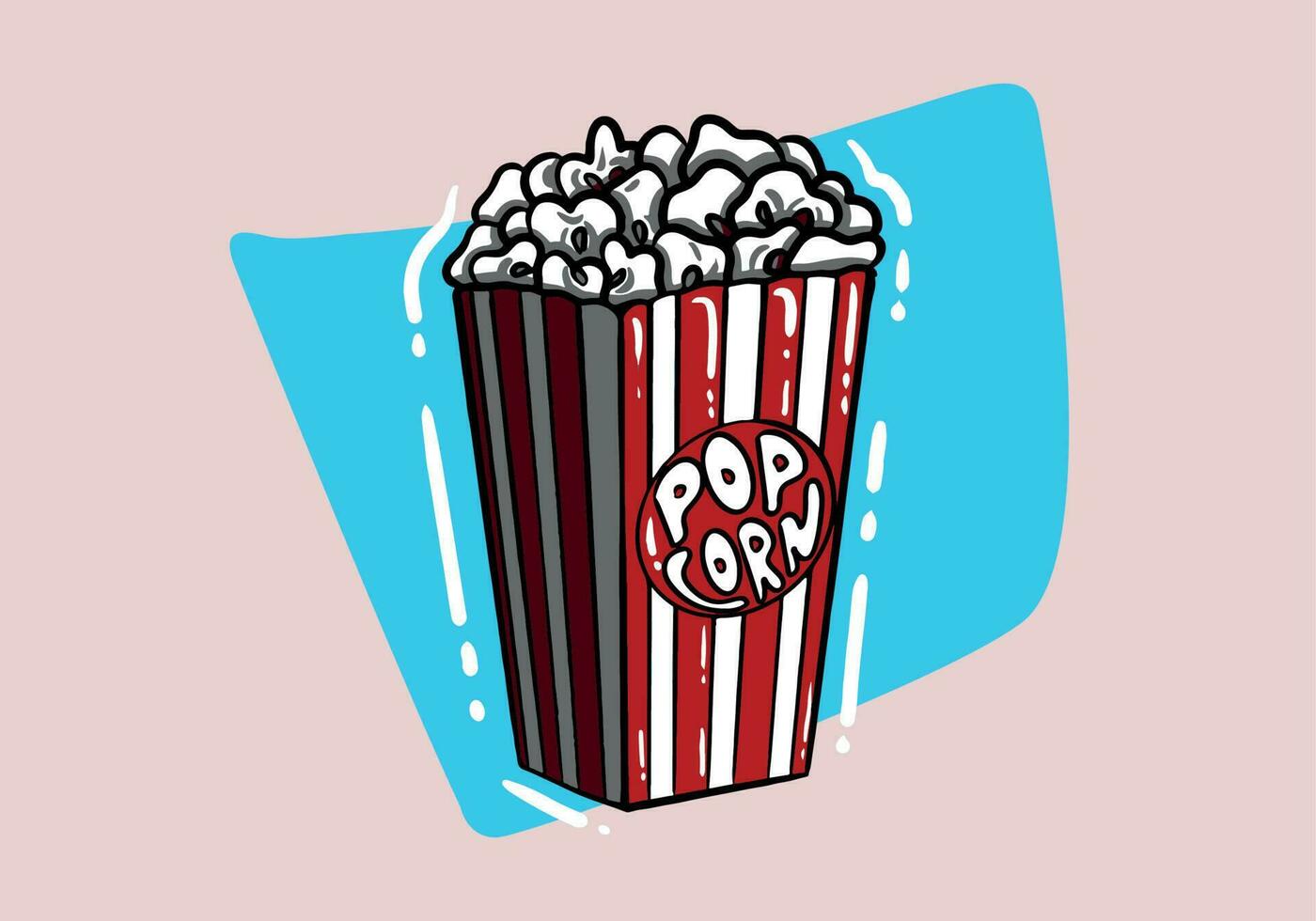 Popcorn isolated on background. Cinema icon in flat style. Snack food. Big red white strip box. Vector stock