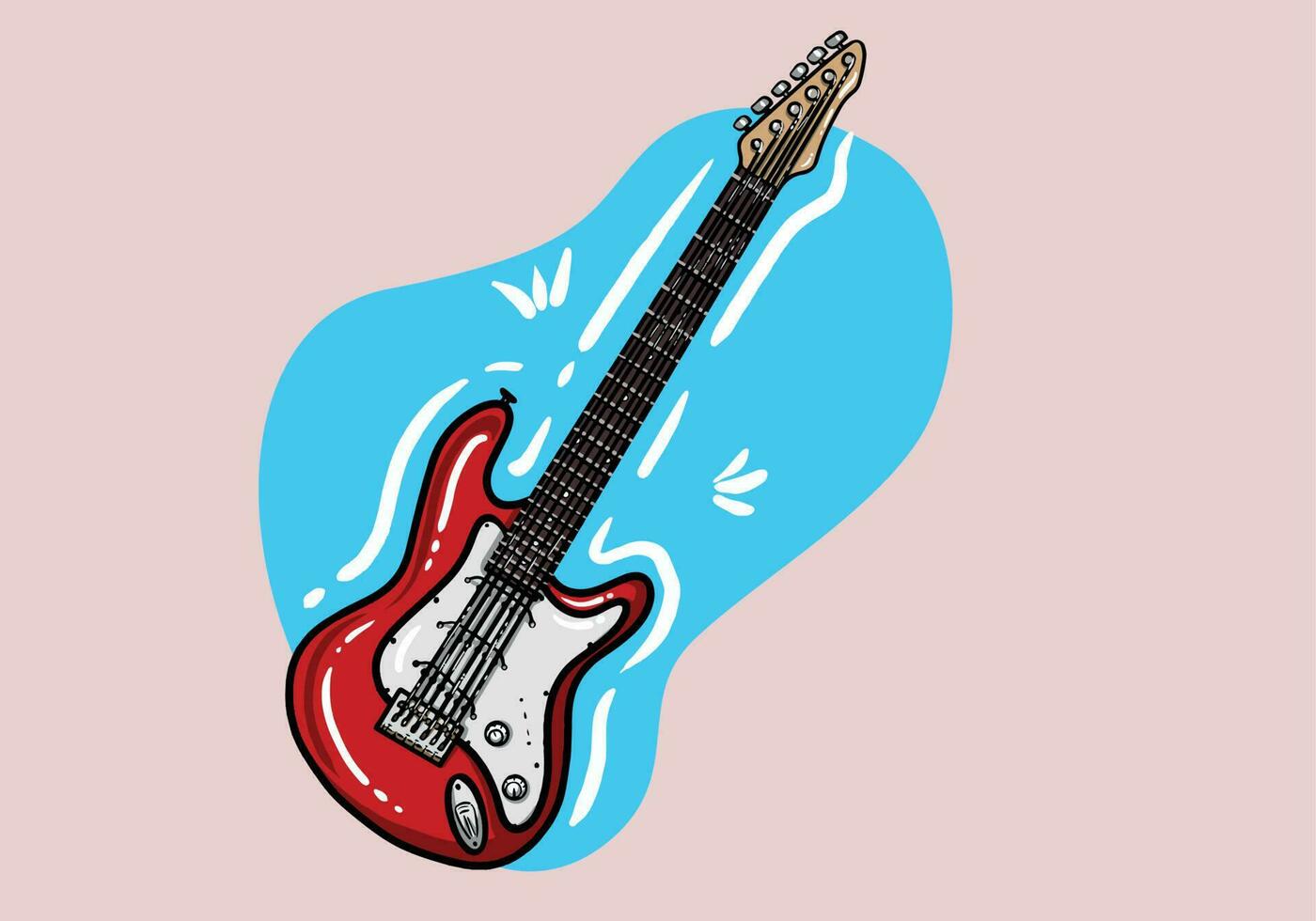 Rock music instrument. Cool red electro guitar cartoon style. Colored flat vector illustration isolated on background
