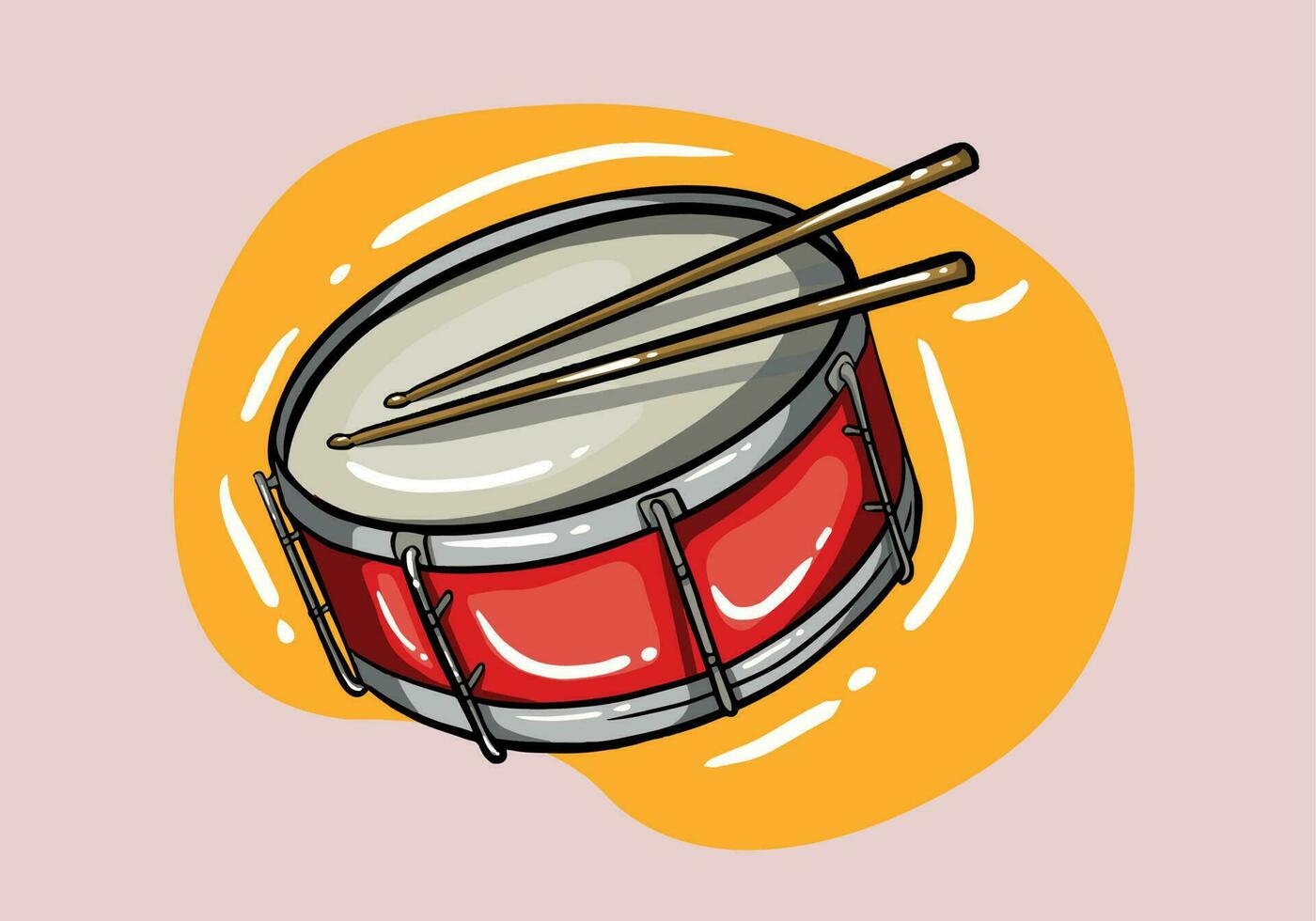 Hand Drawn Red drum and wooden drum sticks. Musical instrument. Cartoon Style percussion vector