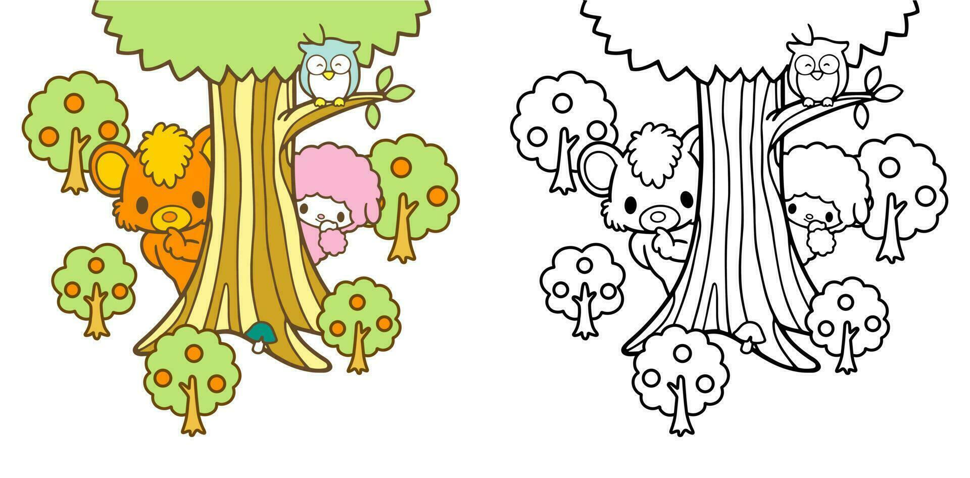 vector illustration funny cartoon of bear sheep and owl hiding and peep characters outline design for Coloring book children, drawing pages cover, screen printing shirts, printable clothing materials