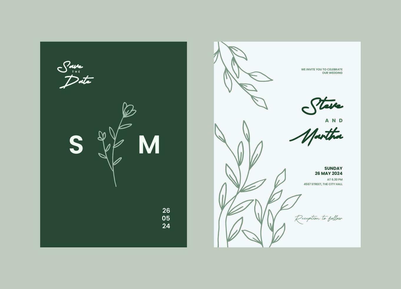 A set of Minimalist wedding invitation templates with hand drawn flowers and leaves decoration vector