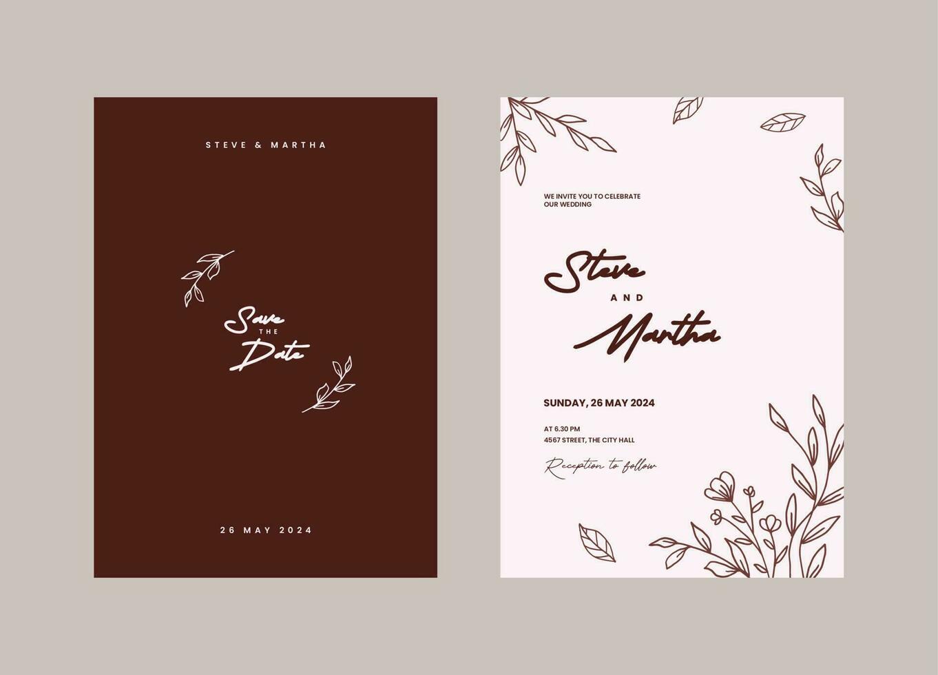 A set of Minimalist wedding invitation template with hand drawn flowers and leaves decoration vector