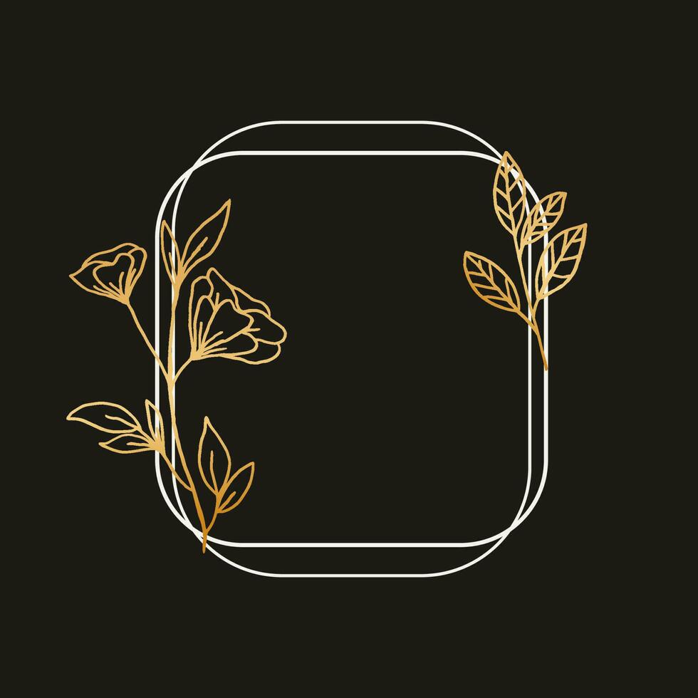 A simple frame with gold leaves and flowers in a white shape for wedding invitation, engagement, or greeting cards vector