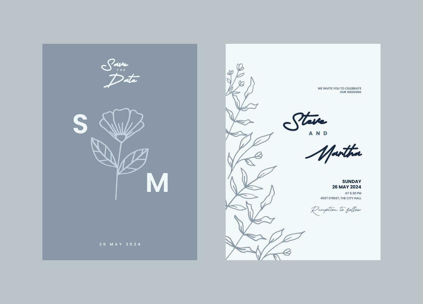 A set of Minimalist wedding invitation templates with hand drawn flowers and leaves decoration vector