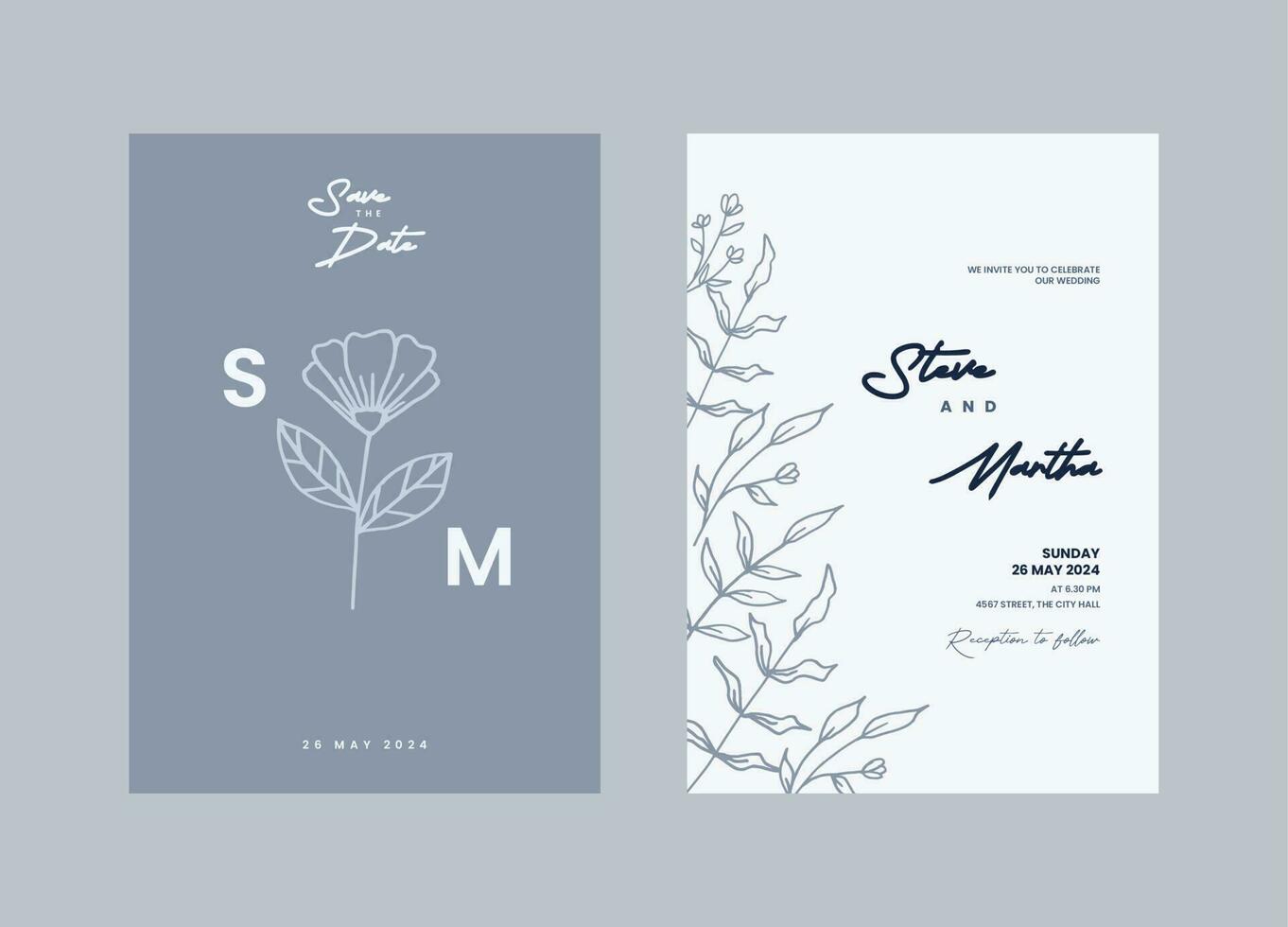 un conjunto de minimalista Boda invitación plantillas con mano dibujado flores y hojas decoración vector