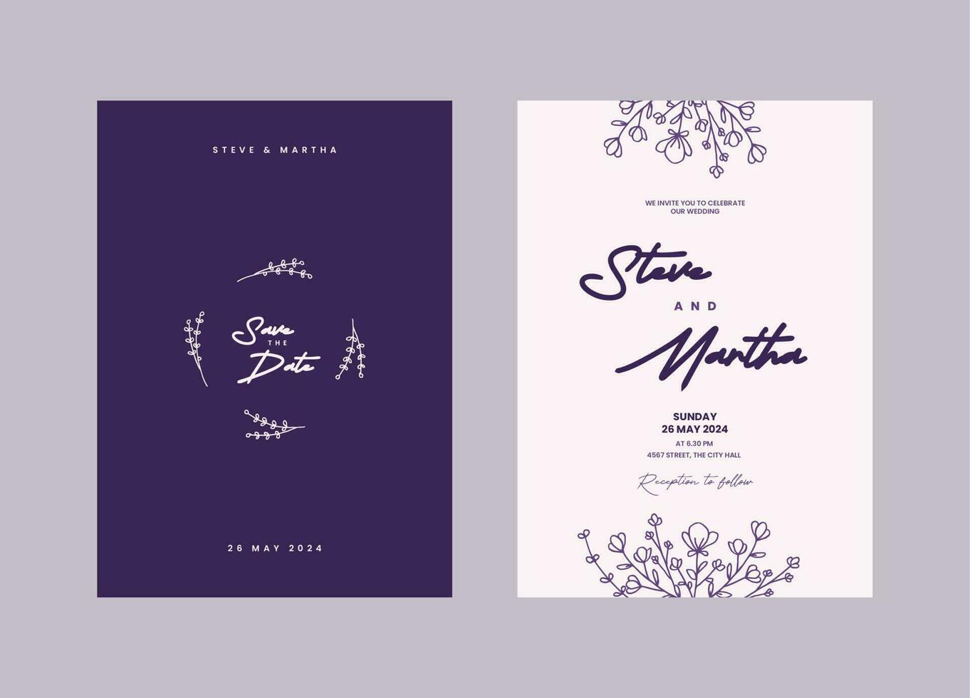 un conjunto de minimalista Boda invitación modelo con mano dibujado flores y hojas decoración vector