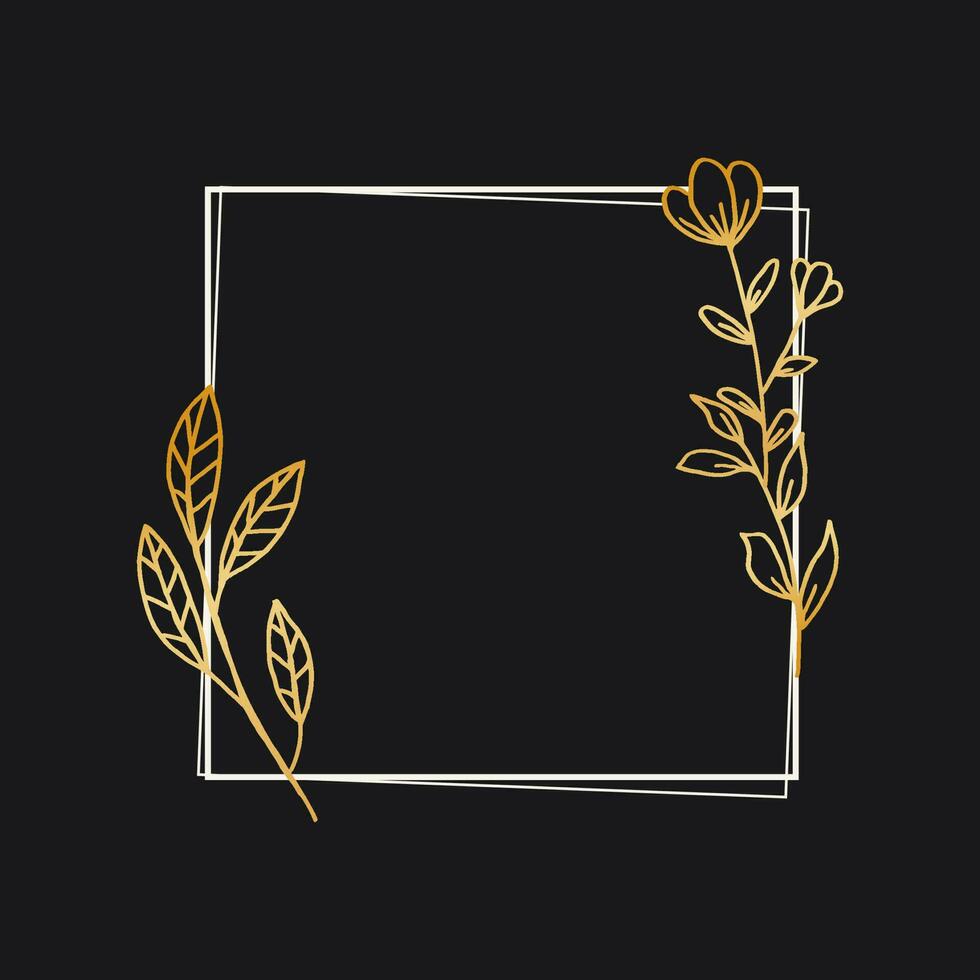 Gold floral border with hand drawn leaves and flowers for wedding invitation, thank you card, logo, greeting card vector