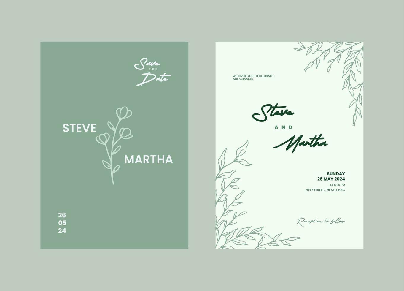 A set of Minimalist wedding invitation templates with hand drawn flowers and leaves decoration vector