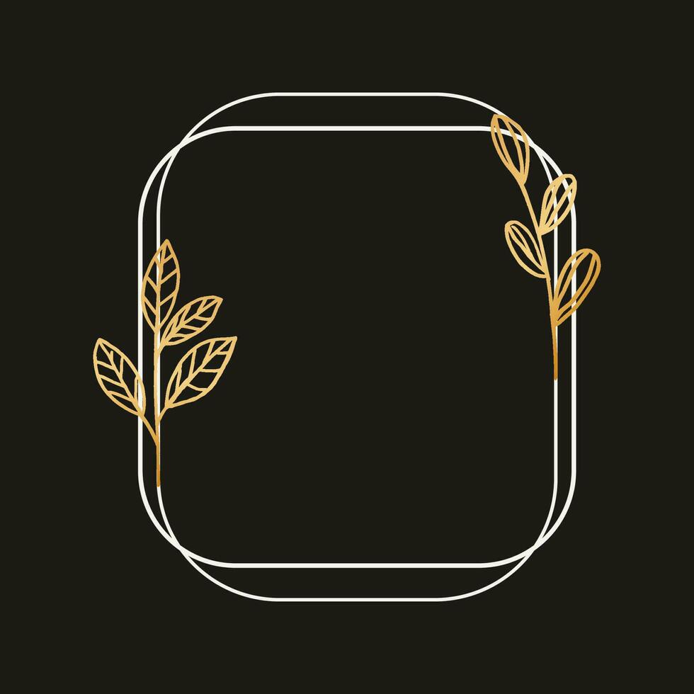 A simple frame with gold leaves and flowers in a white shape for wedding invitation, engagement, or greeting cards vector