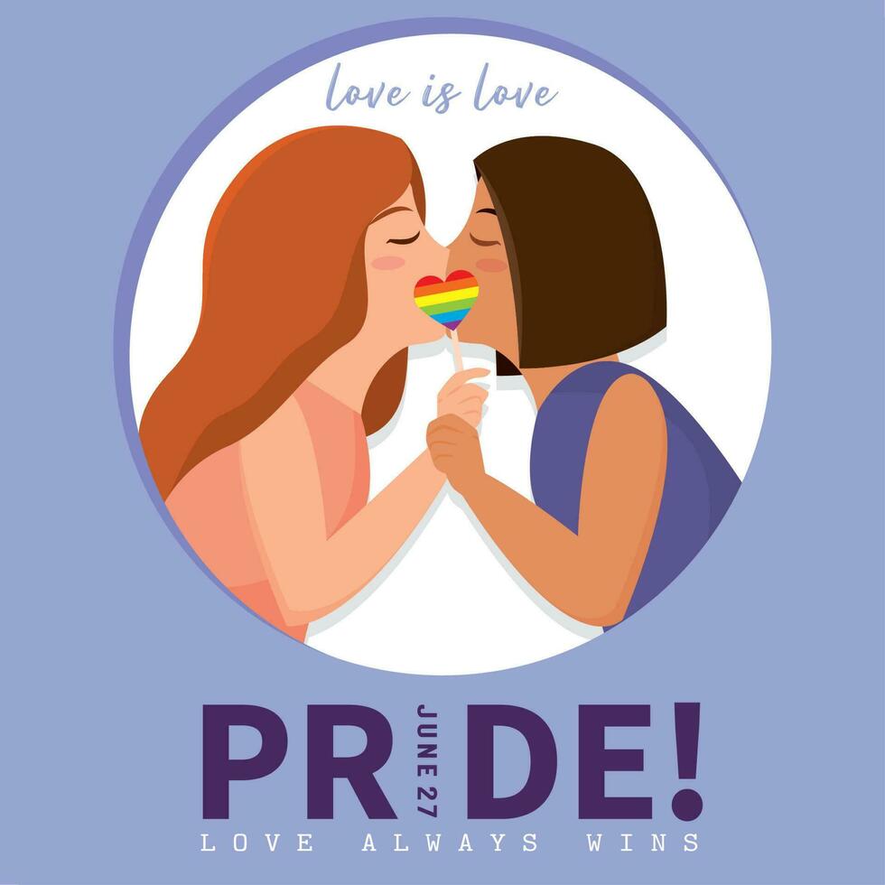 Isolated lesbian couple kissing each other Pride month Vector illustration