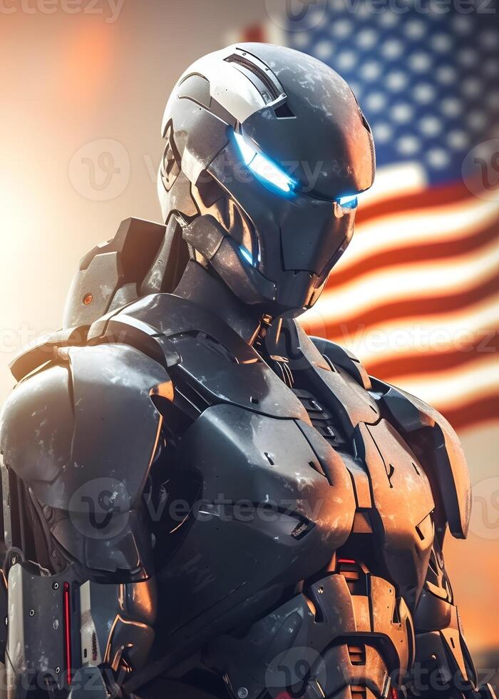 Future military USA Robotic Soldier army, Idenpendece day 4 july, american flag background, photo