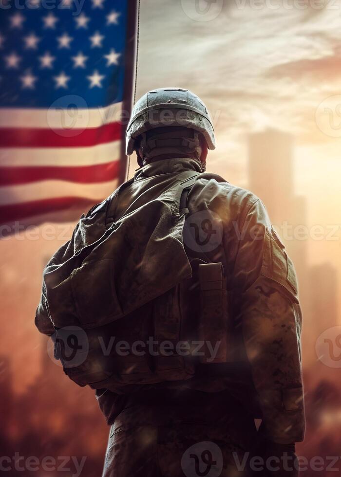 Future military USA Soldier army, Idenpendece day 4 july, american flag background, photo