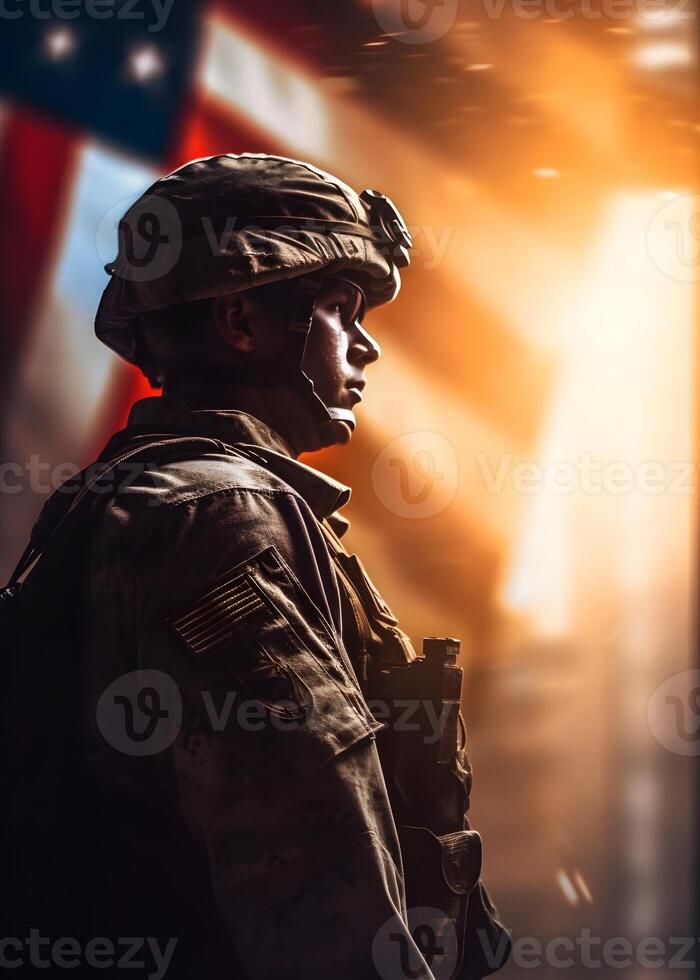 futuro militar Estados Unidos soldado ejército, independencia día 4 4 julio, americano bandera fondo, generativo ai foto