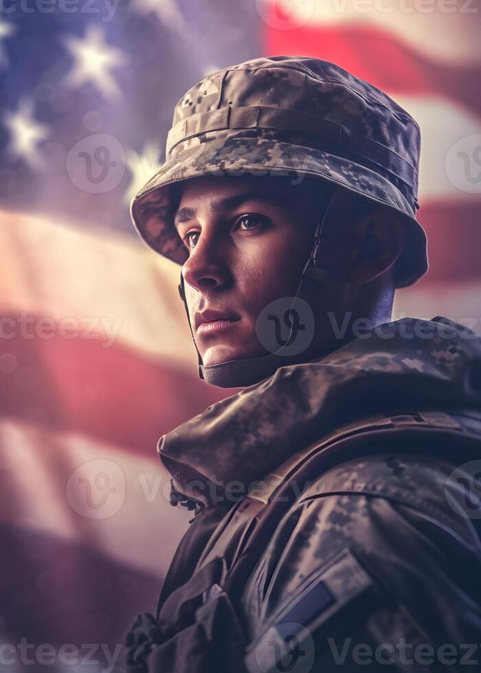 Future military USA Soldier army, Idenpendece day 4 july, american flag background, photo
