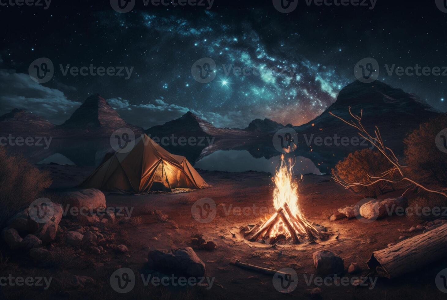 Night camping with bonfire and tent under clear starry sky and milky way. photo
