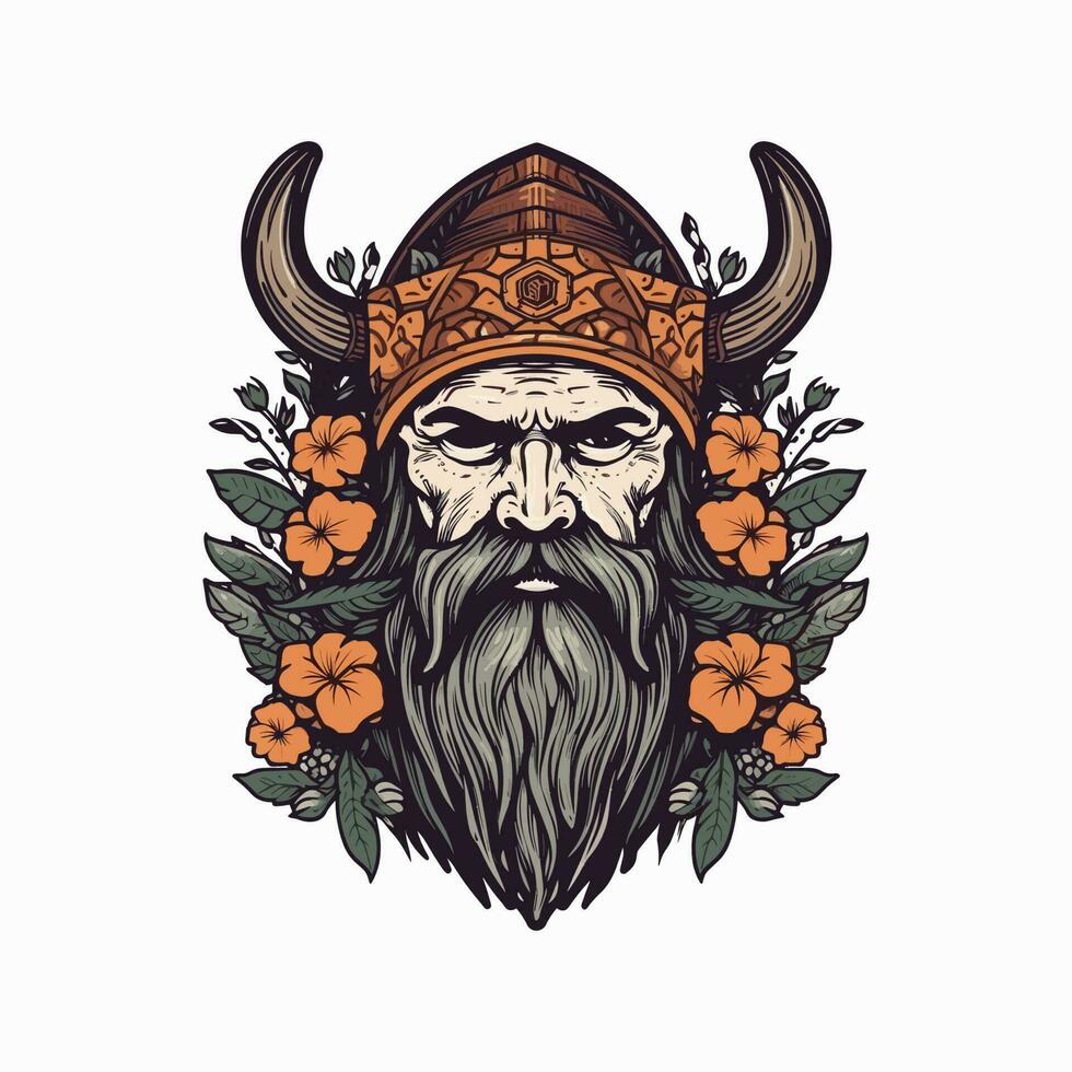 A fierce Viking warrior hand-drawn logo design, perfect for a sports team or brand wanting to convey strength and resilience vector