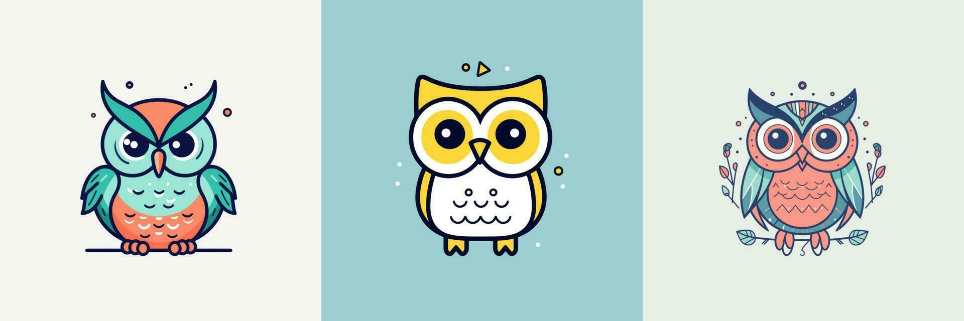 Cute baby owl mascot kawaii cartoon bird illustration set collection vector