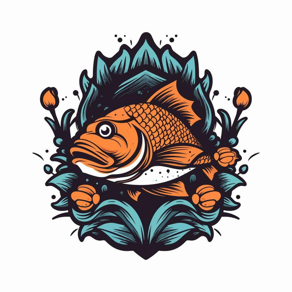 un hermosa pescado rodeado por flores en un logo ilustración, Perfecto para un inspirado en la naturaleza marca vector