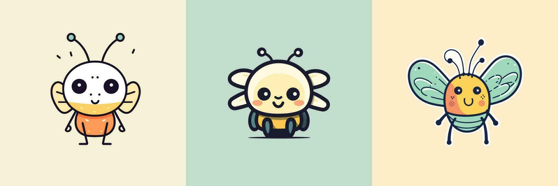 Cute kawaii insect bugs cartoon illustration vector