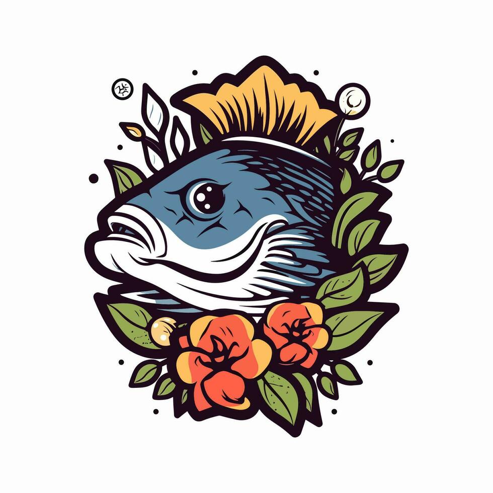 un hermosa pescado rodeado por flores en un logo ilustración, Perfecto para un inspirado en la naturaleza marca vector