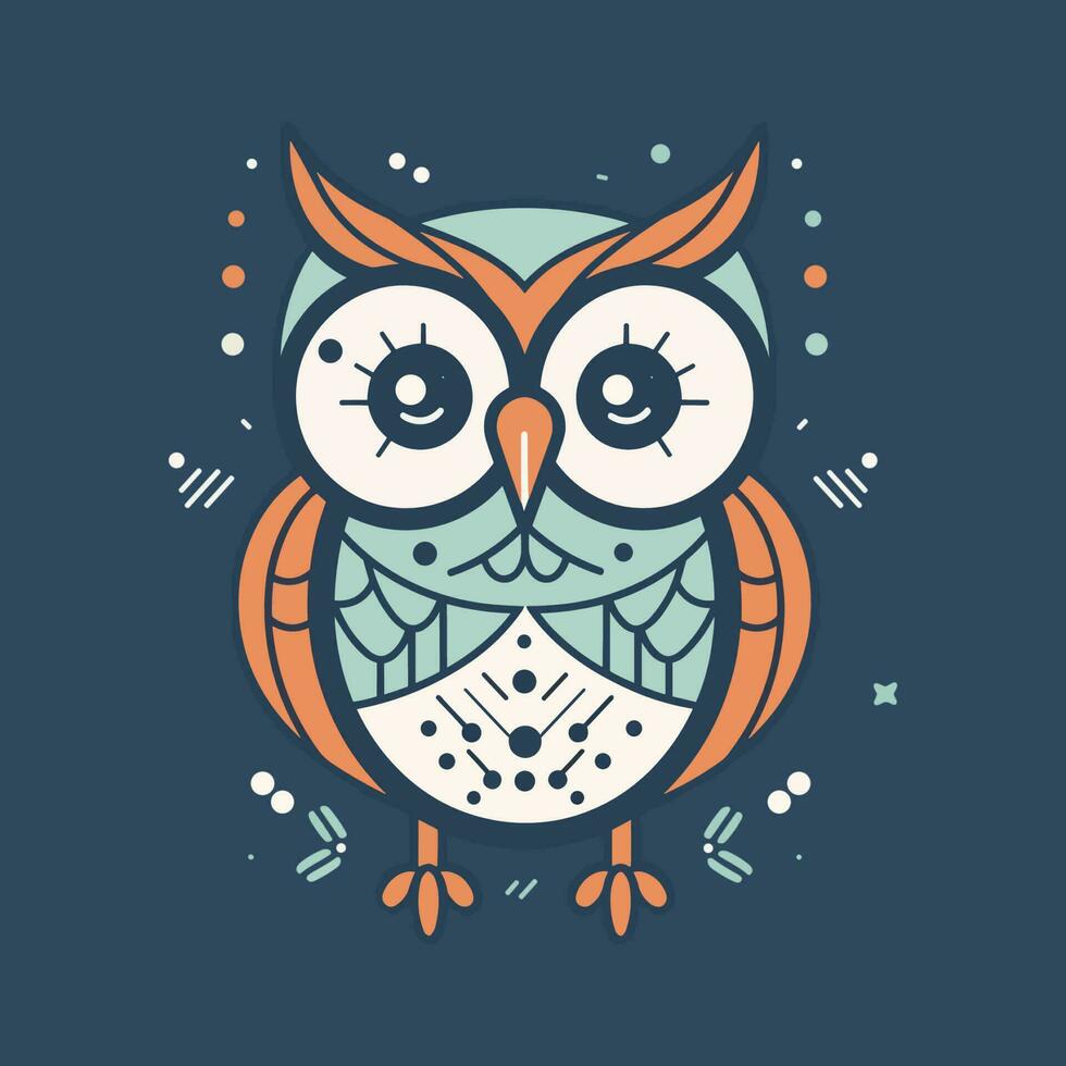 adorable búho ilustraciones con grande redondo ojos, mullido plumas, y vistoso patrones vector