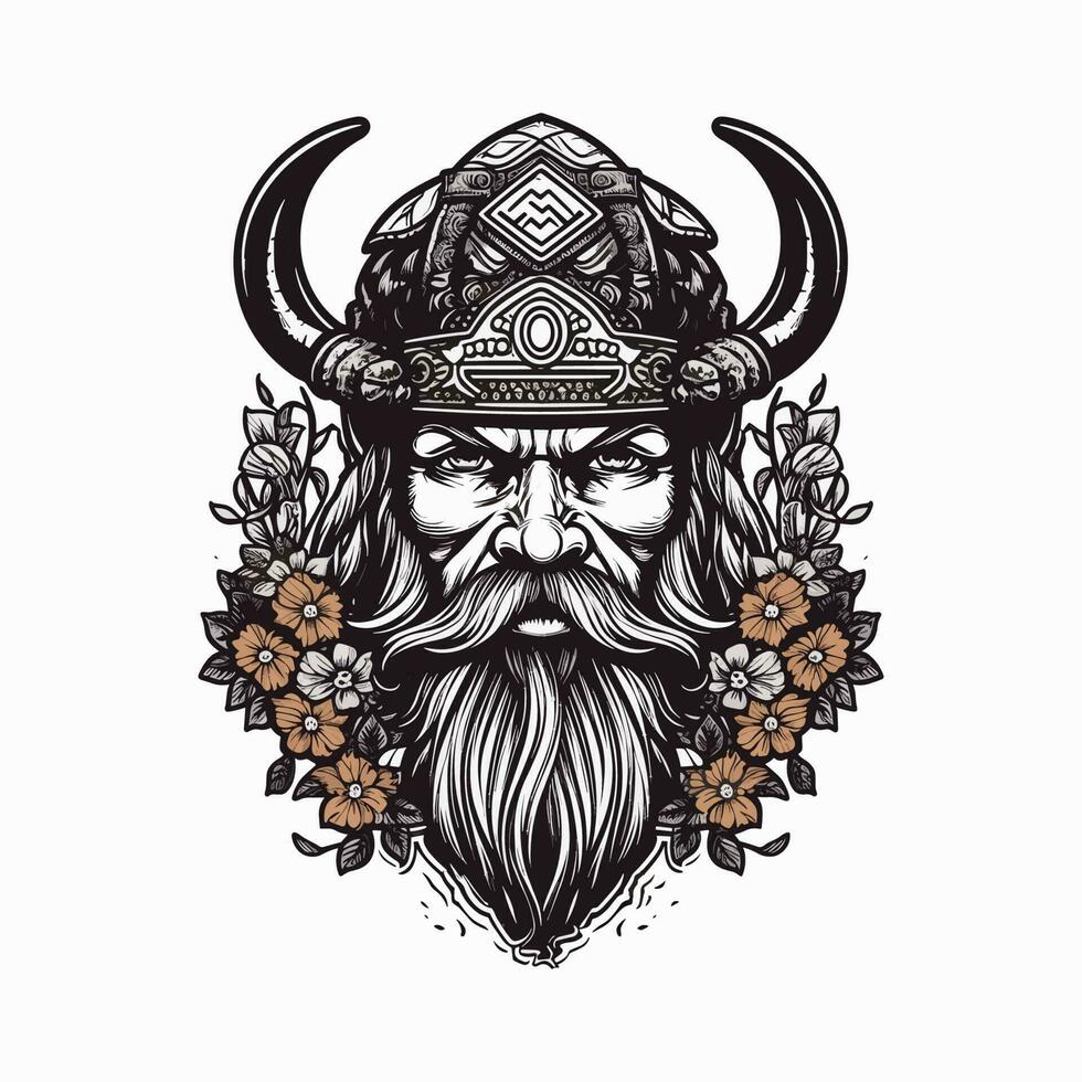 A fierce Viking warrior hand-drawn logo design, perfect for a sports team or brand wanting to convey strength and resilience vector